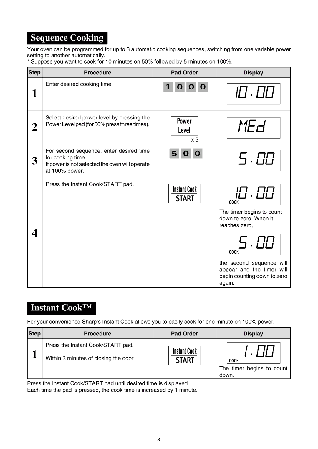 Sharp R-520E manual Sequence Cooking, Instant Cook 