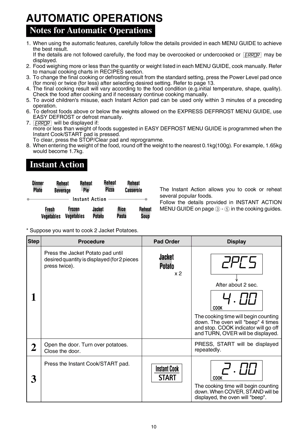 Sharp R-520E manual Automatic Operations, Instant Action 