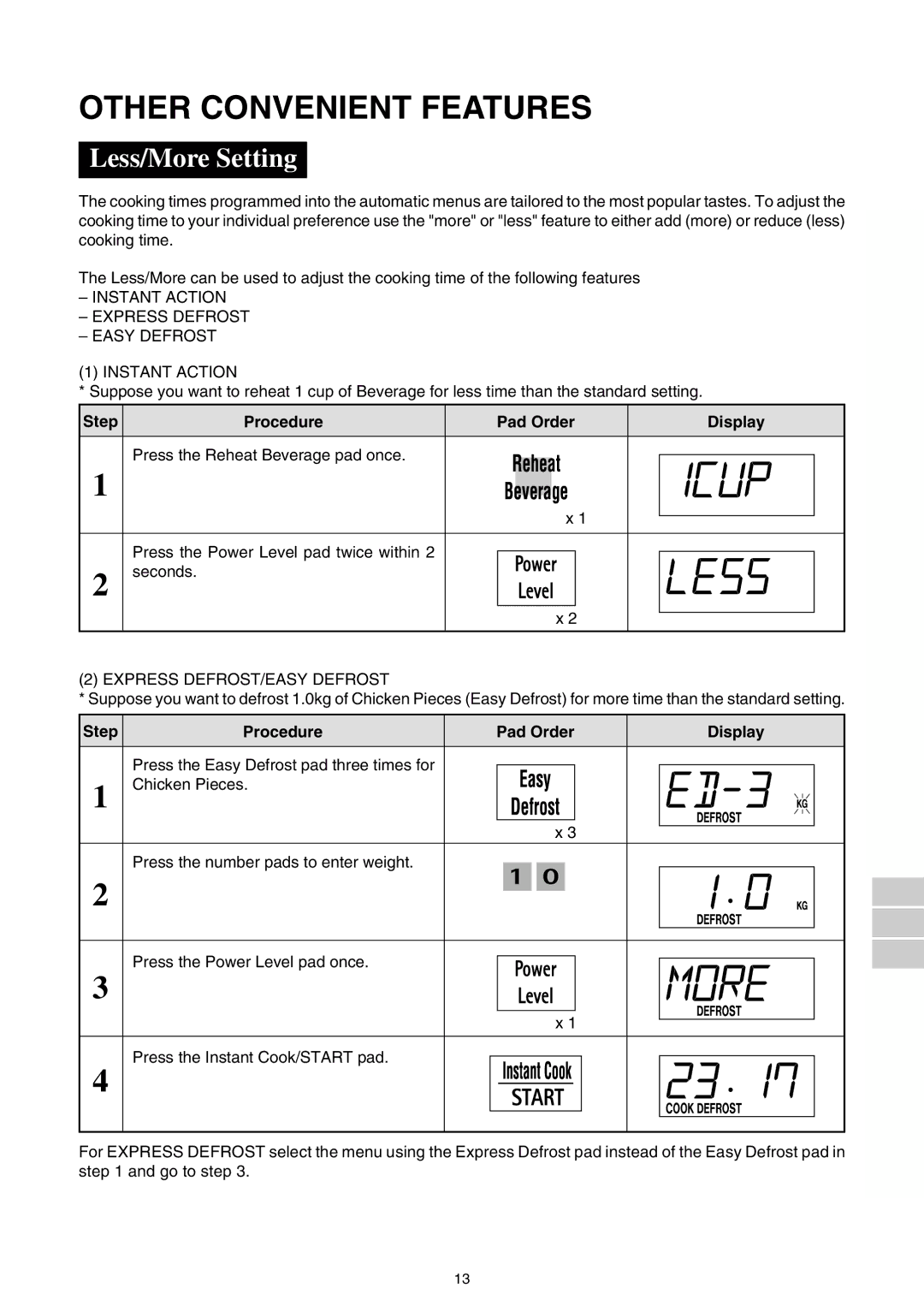 Sharp R-520E manual Other Convenient Features, Less/More Setting, Step Procedure 