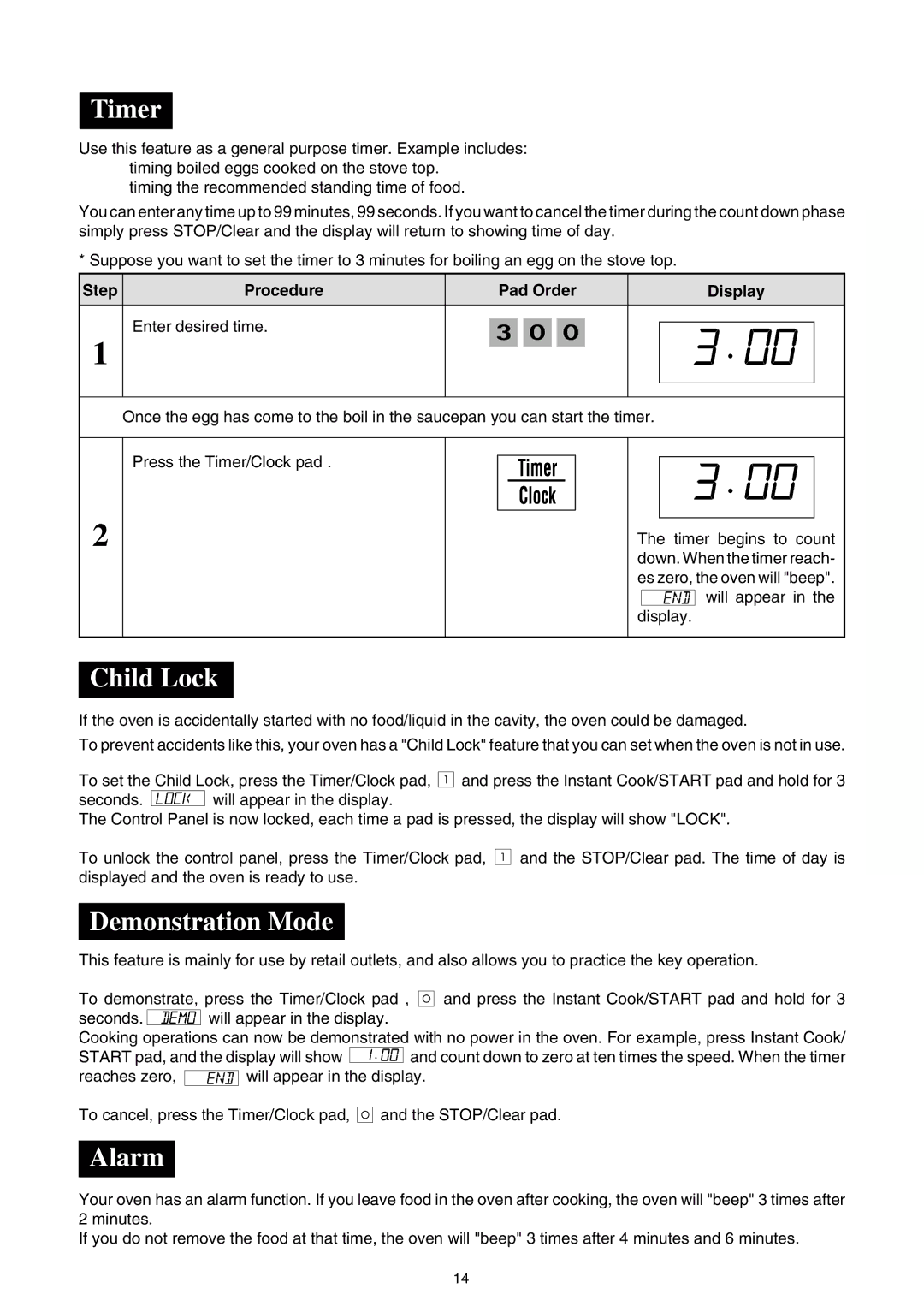 Sharp R-520E manual Timer, Child Lock, Demonstration Mode, Alarm 