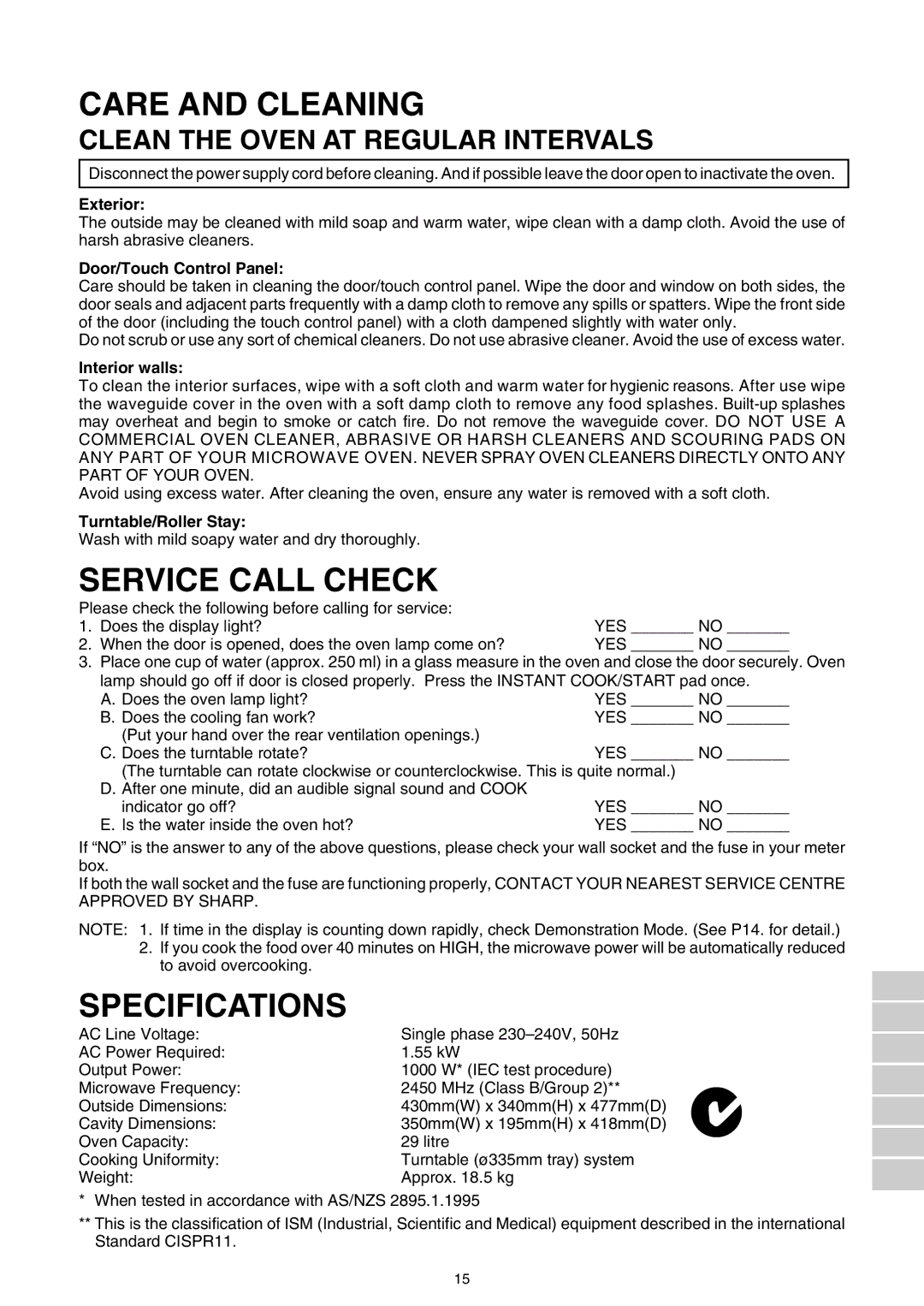 Sharp R-520E manual Care and Cleaning, Service Call Check, Specifications 