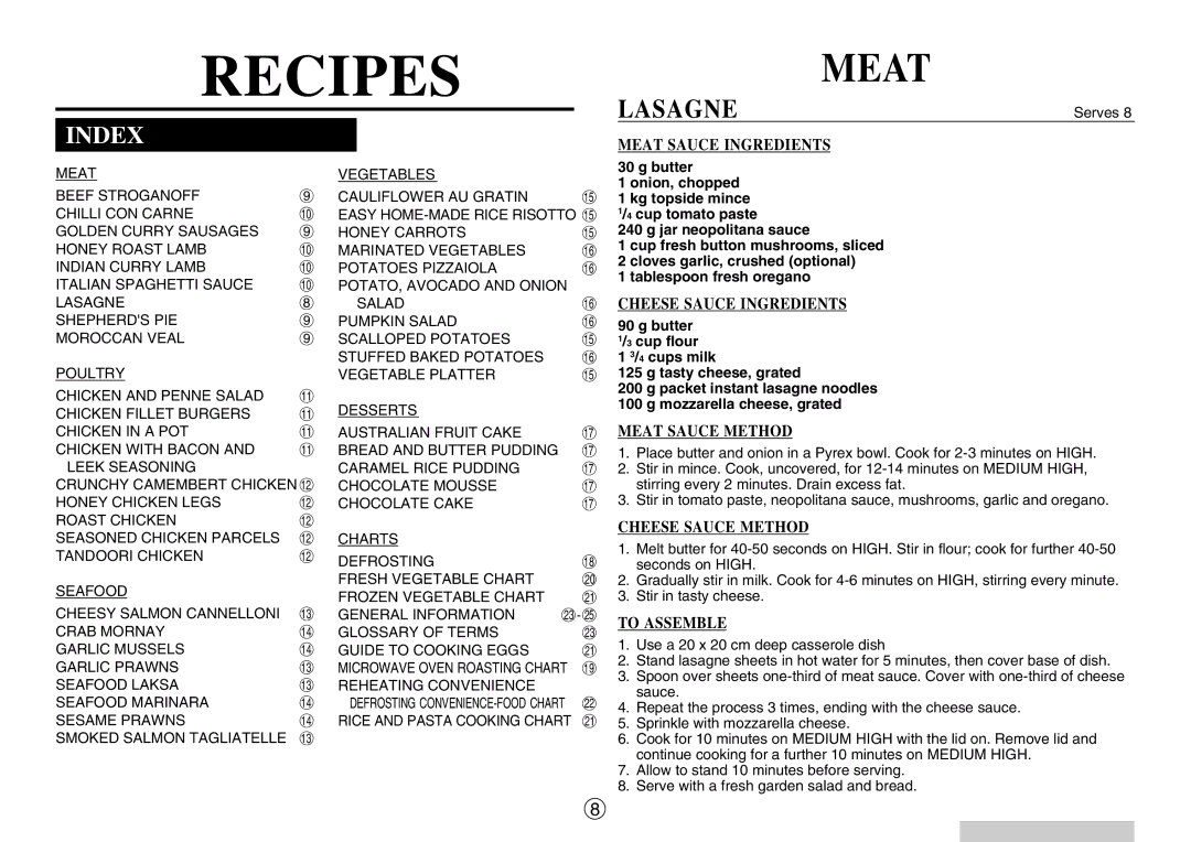 Sharp R-520E manual Lasagne 