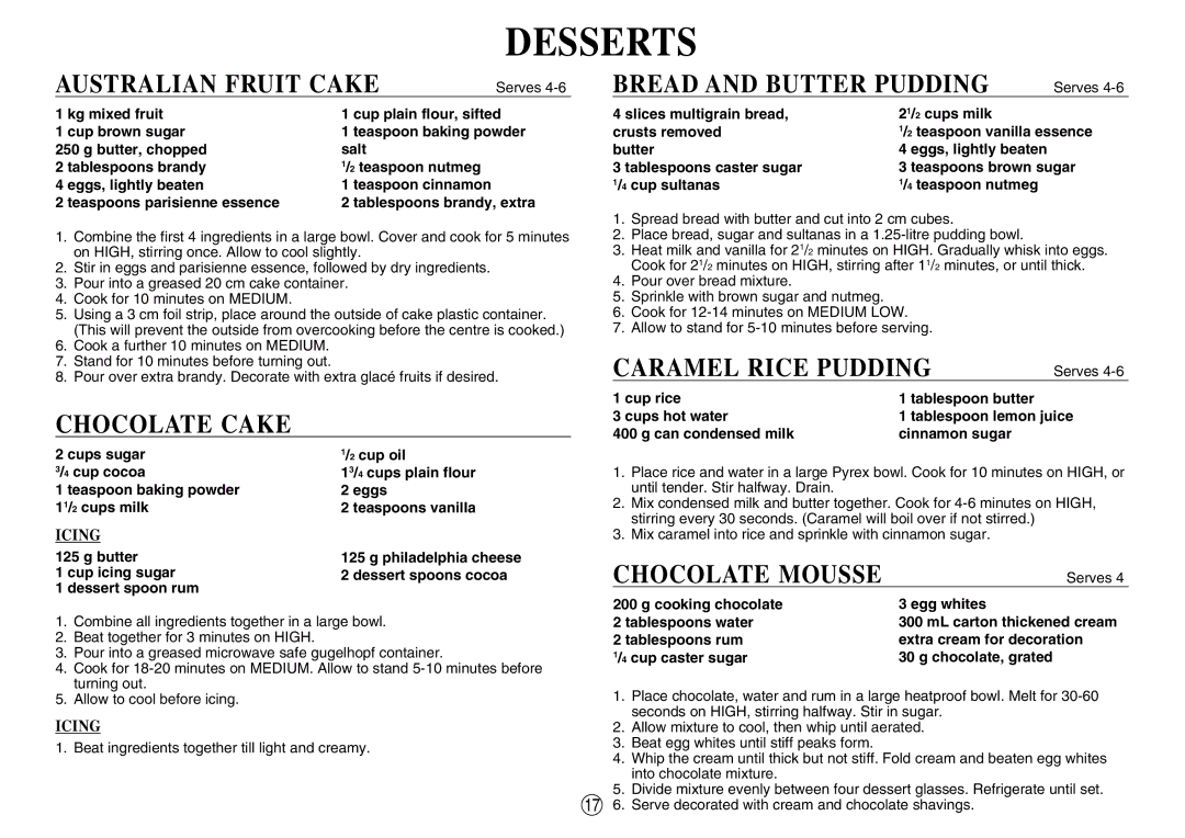 Sharp R-520E manual Australian Fruit Cake, Chocolate Cake, Bread and Butter Pudding, Caramel Rice Pudding, Chocolate Mousse 