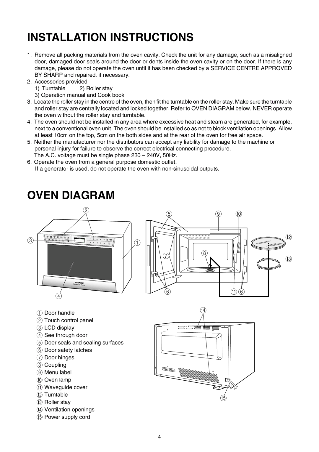 Sharp R-520E manual Installation Instructions, Oven Diagram 