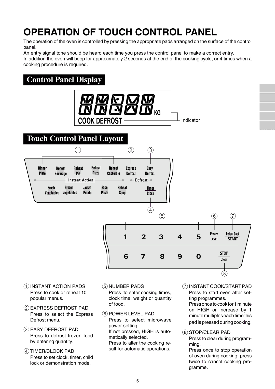 Sharp R-520E manual Operation of Touch Control Panel, Control Panel Display, Touch Control Panel Layout 