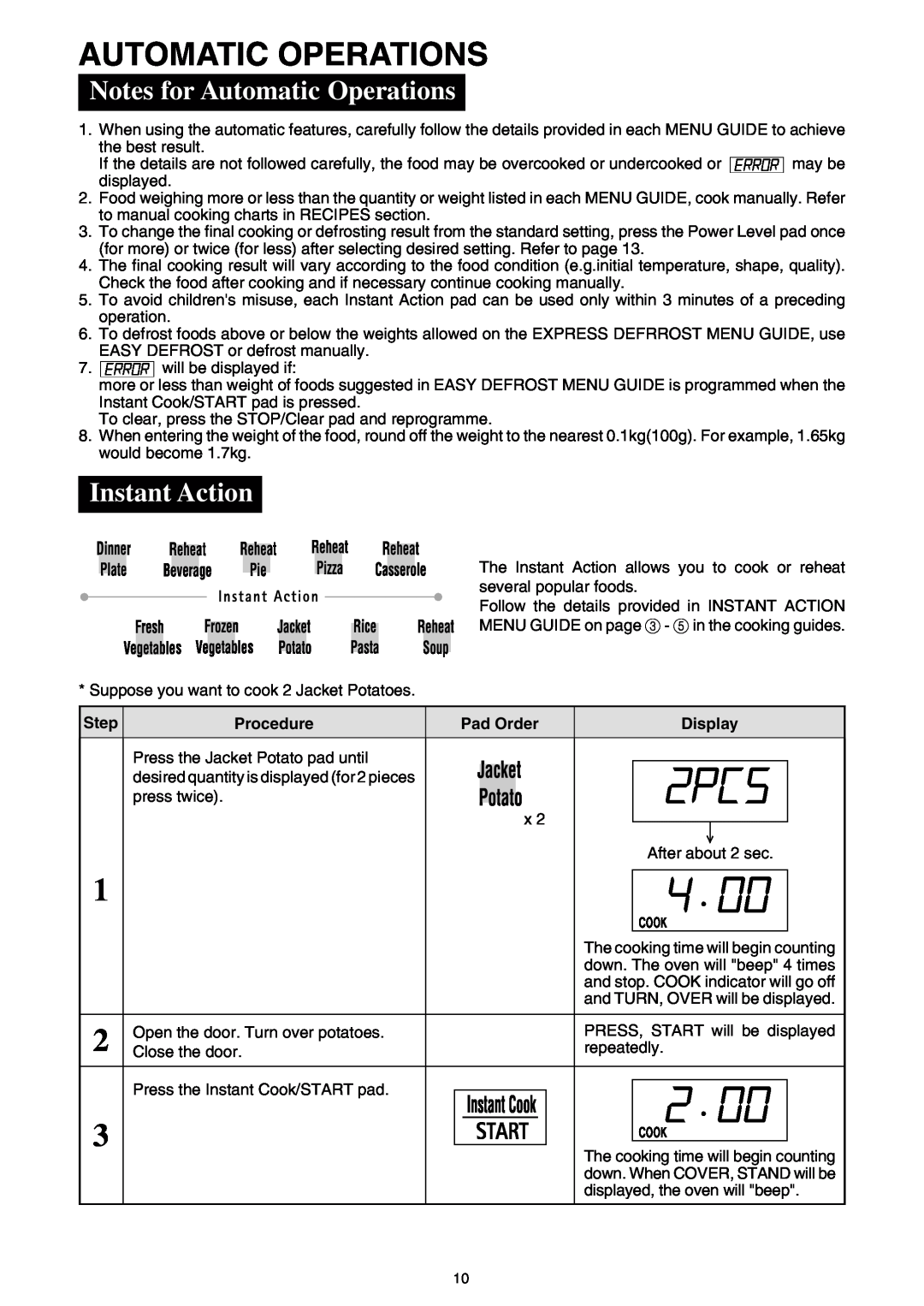 Sharp R-520E manual Notes for Automatic Operations, Instant Action 