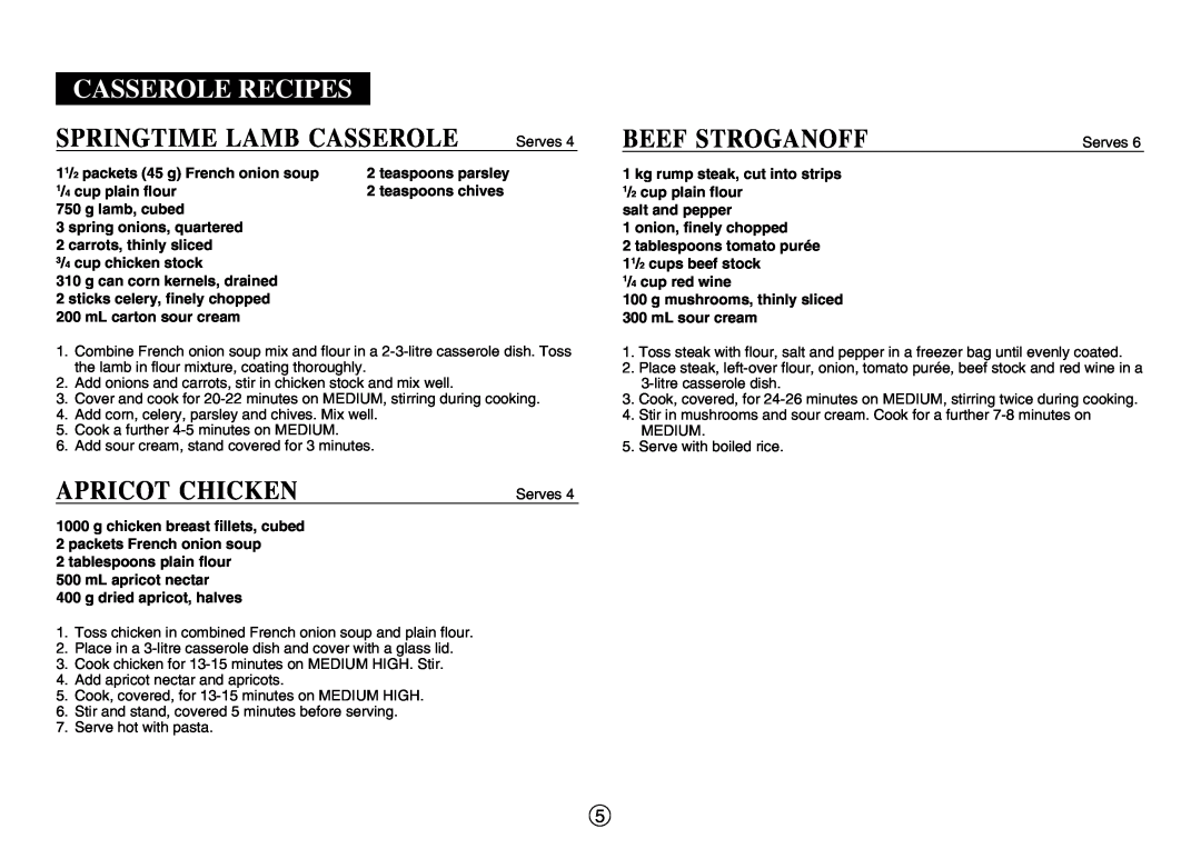 Sharp R-520E manual Springtime Lamb Casserole, Apricot Chicken, Beef Stroganoff, Casserole Recipes 
