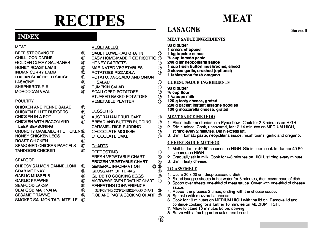 Sharp R-520E Index, Lasagne, Meat Sauce Ingredients, Cheese Sauce Ingredients, Meat Sauce Method, Cheese Sauce Method 