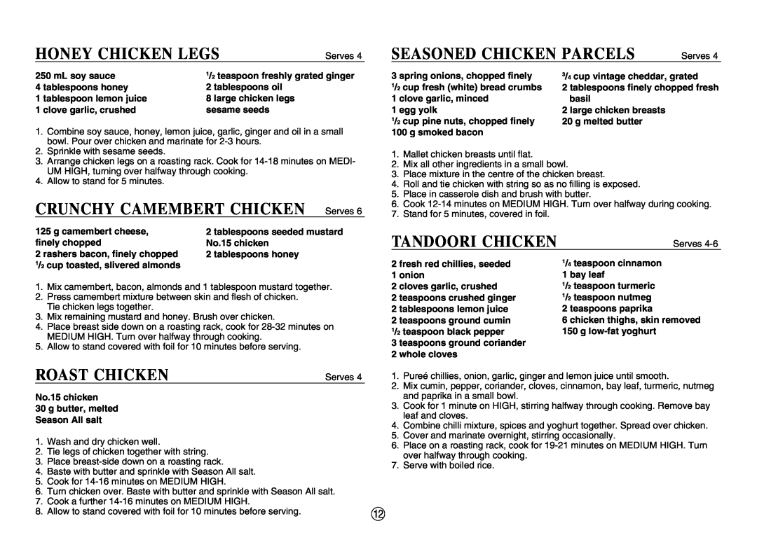 Sharp R-520E manual Honey Chicken Legs, Serves 4 SEASONED CHICKEN PARCELS, CRUNCHY CAMEMBERT CHICKEN Serves, Roast Chicken 