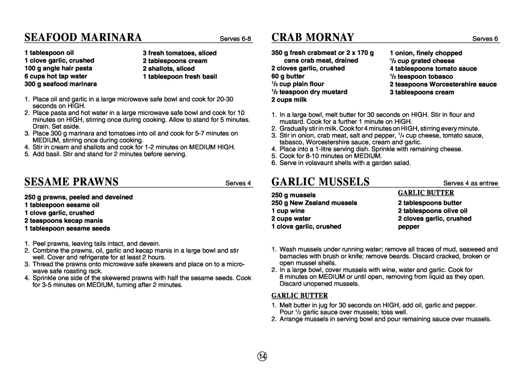 Sharp R-520E manual Seafood Marinara, Sesame Prawns, Crab Mornay, Garlic Mussels, Garlic Butter 