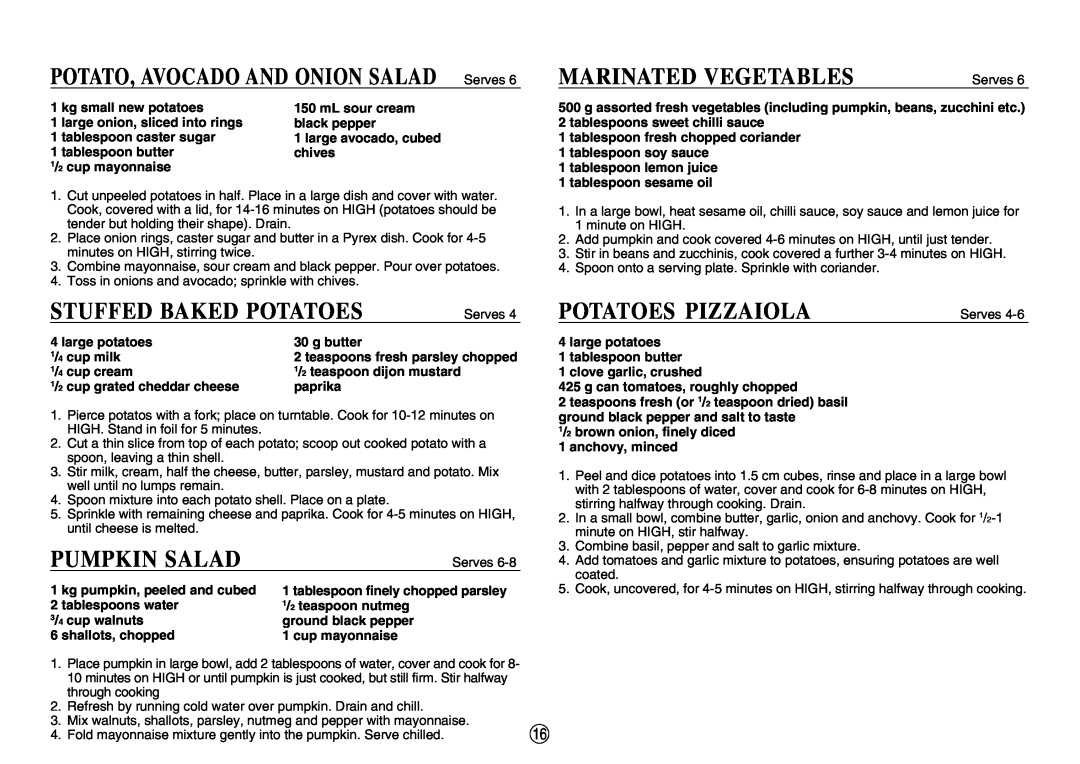 Sharp R-520E manual Marinated Vegetables, Stuffed Baked Potatoes, Pumpkin Salad, Potatoes Pizzaiola 