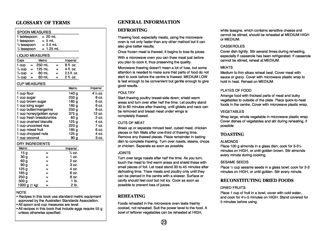 Sharp R-520E manual Glossary Of Terms, General Information, Defrosting, Reheating, Toasting, Reconstituting Dried Foods 