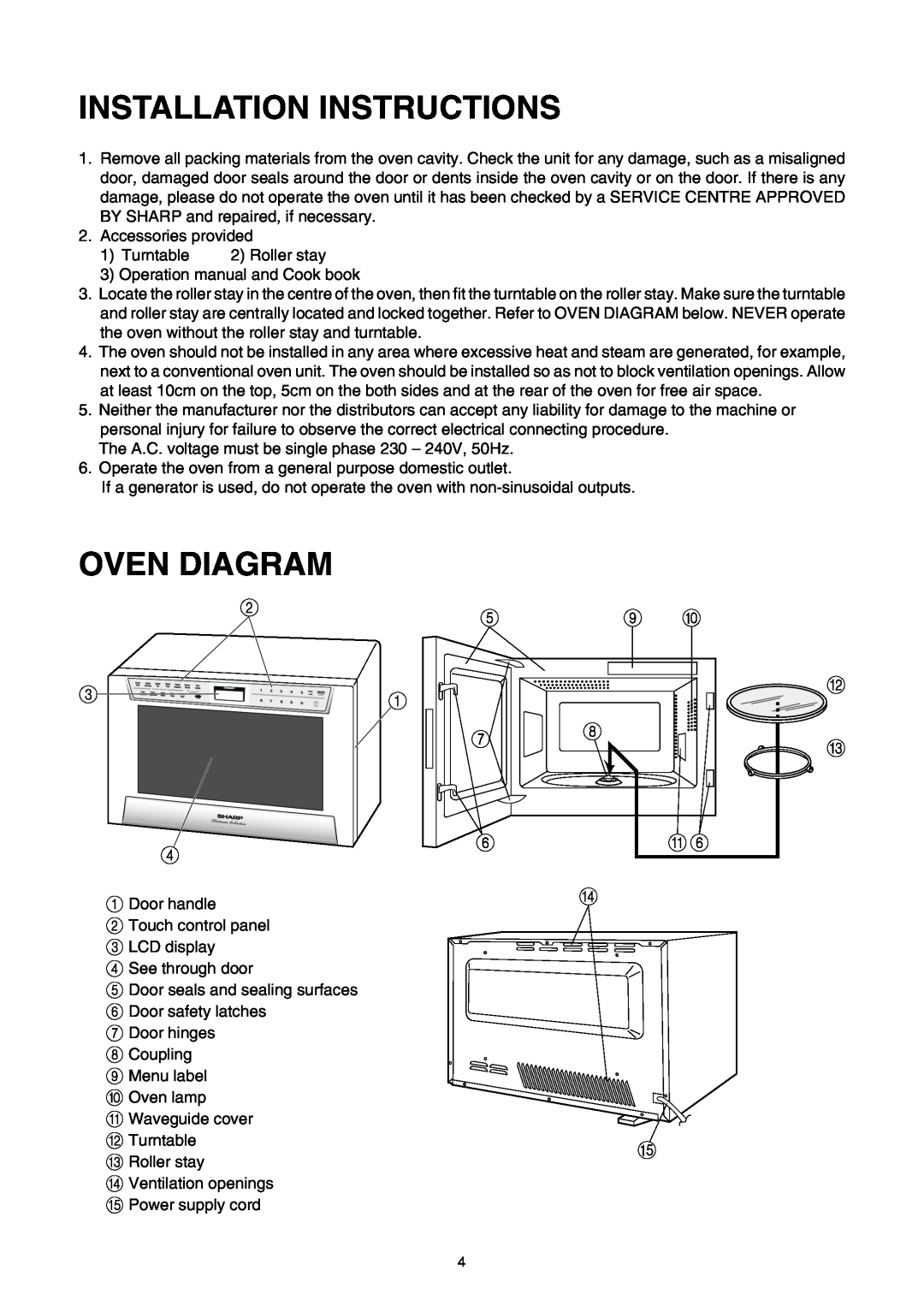 Sharp R-520E manual Installation Instructions, Oven Diagram 