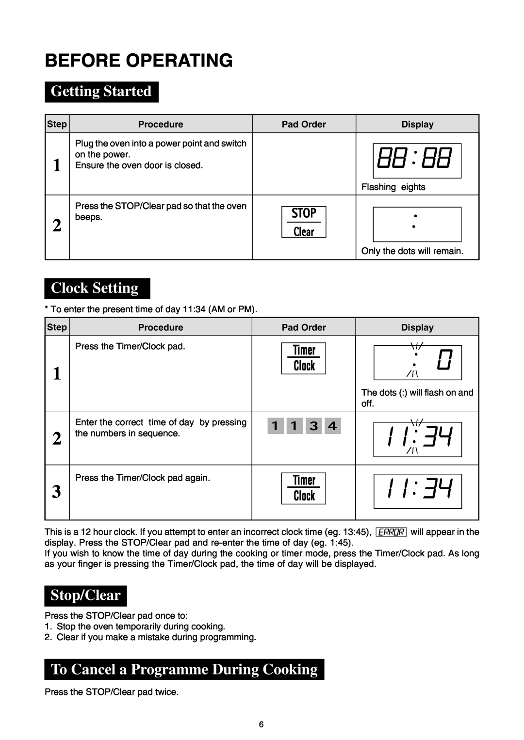 Sharp R-520E manual Before Operating, Getting Started, Clock Setting, Stop/Clear, To Cancel a Programme During Cooking 