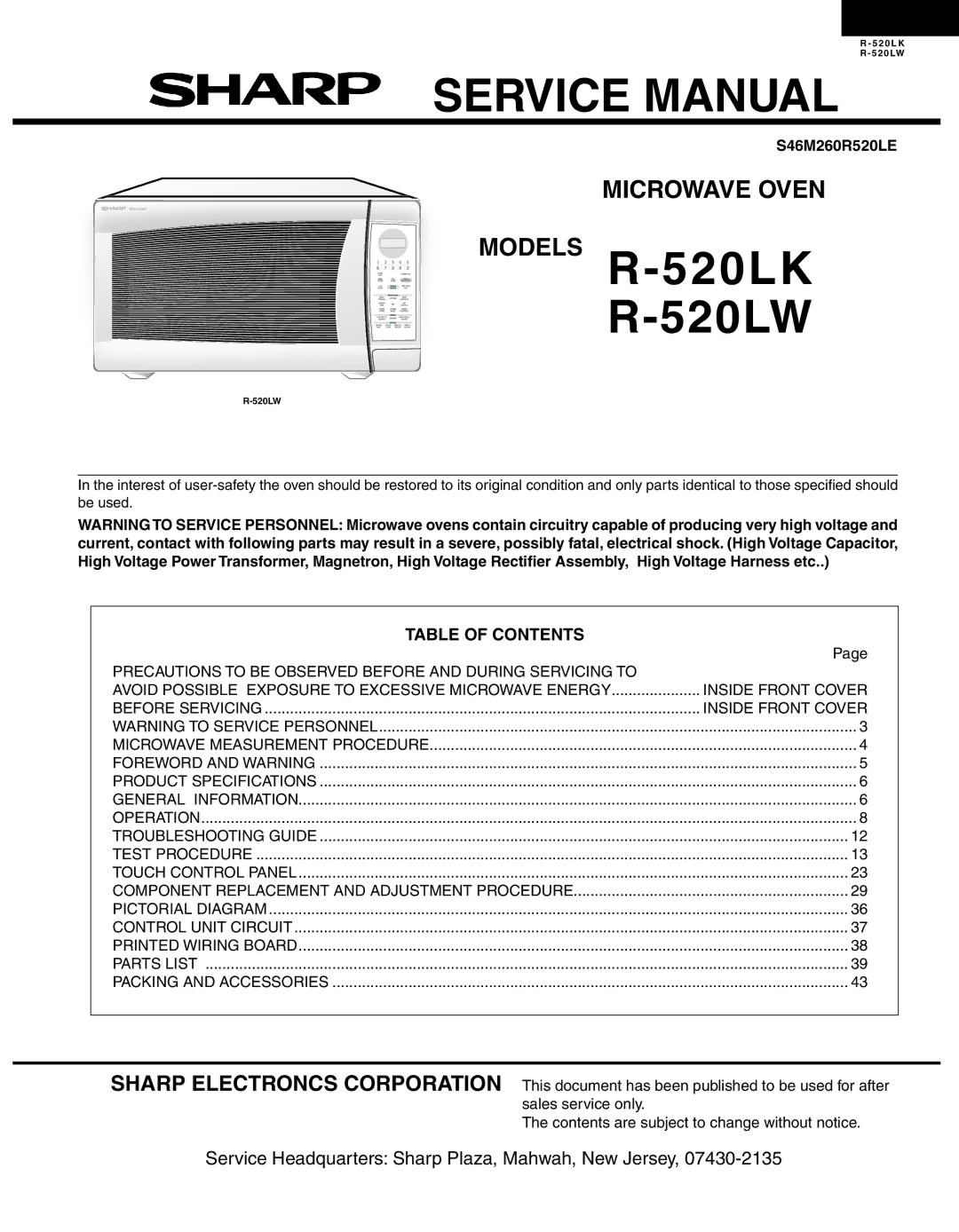 Sharp R-520LK, R-520LW service manual Table of Contents 