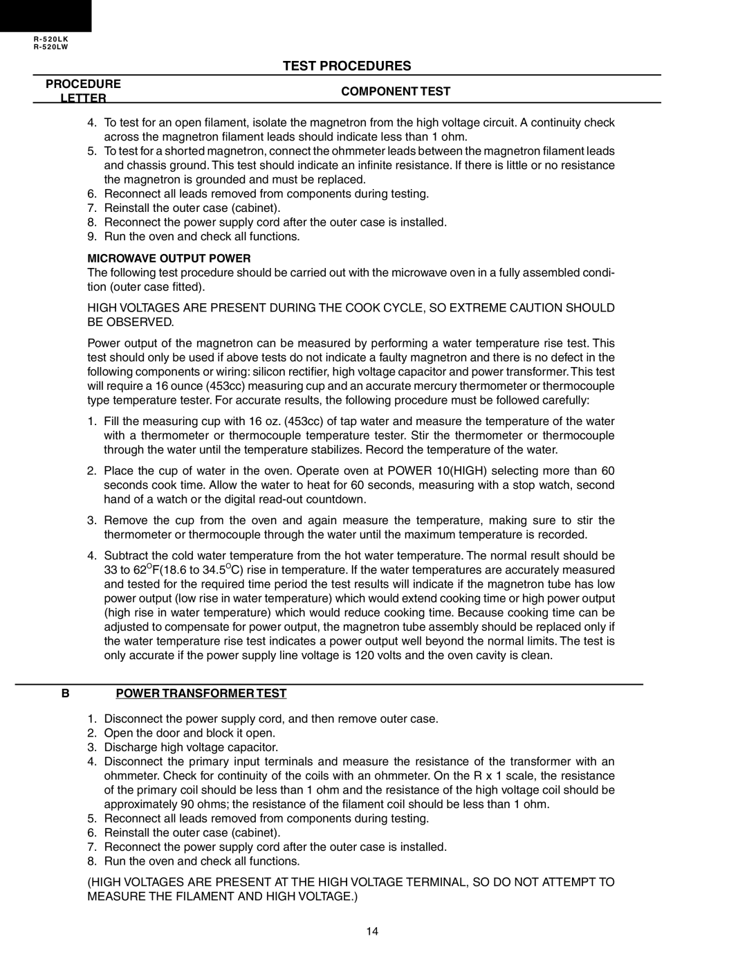 Sharp R-520LW, R-520LK service manual Procedure Component Test Letter, Microwave Output Power, Power Transformer Test 