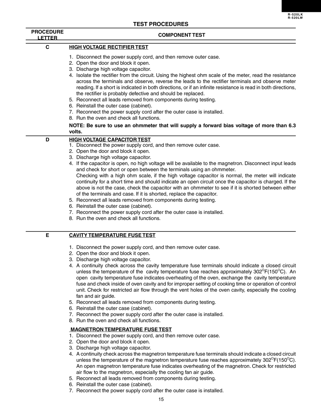 Sharp R-520LK, R-520LW Procedure Component Test Letter High Voltage Rectifier Test, High Voltage Capacitor Test 