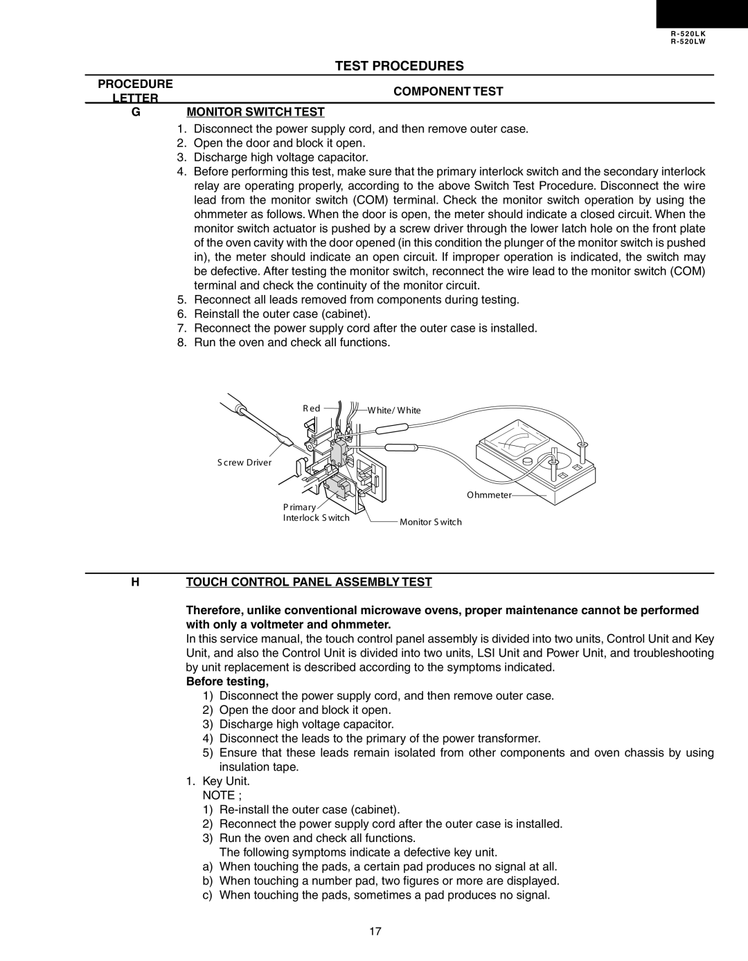 Sharp R-520LK, R-520LW service manual Procedure Component Test Letter Monitor Switch Test, Touch Control Panel Assembly Test 