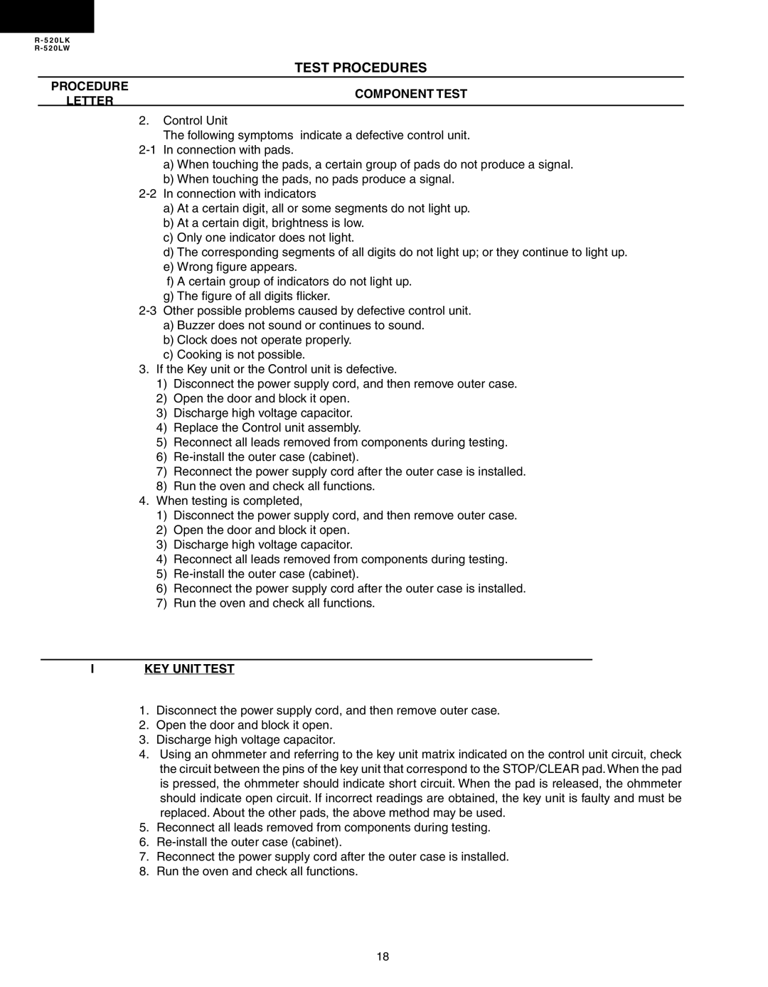 Sharp R-520LW, R-520LK service manual Figure of all digits flicker, KEY Unit Test 