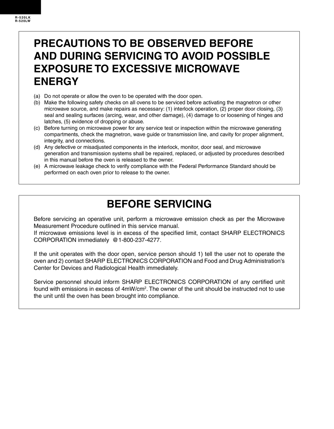 Sharp R-520LW, R-520LK service manual Before Servicing 