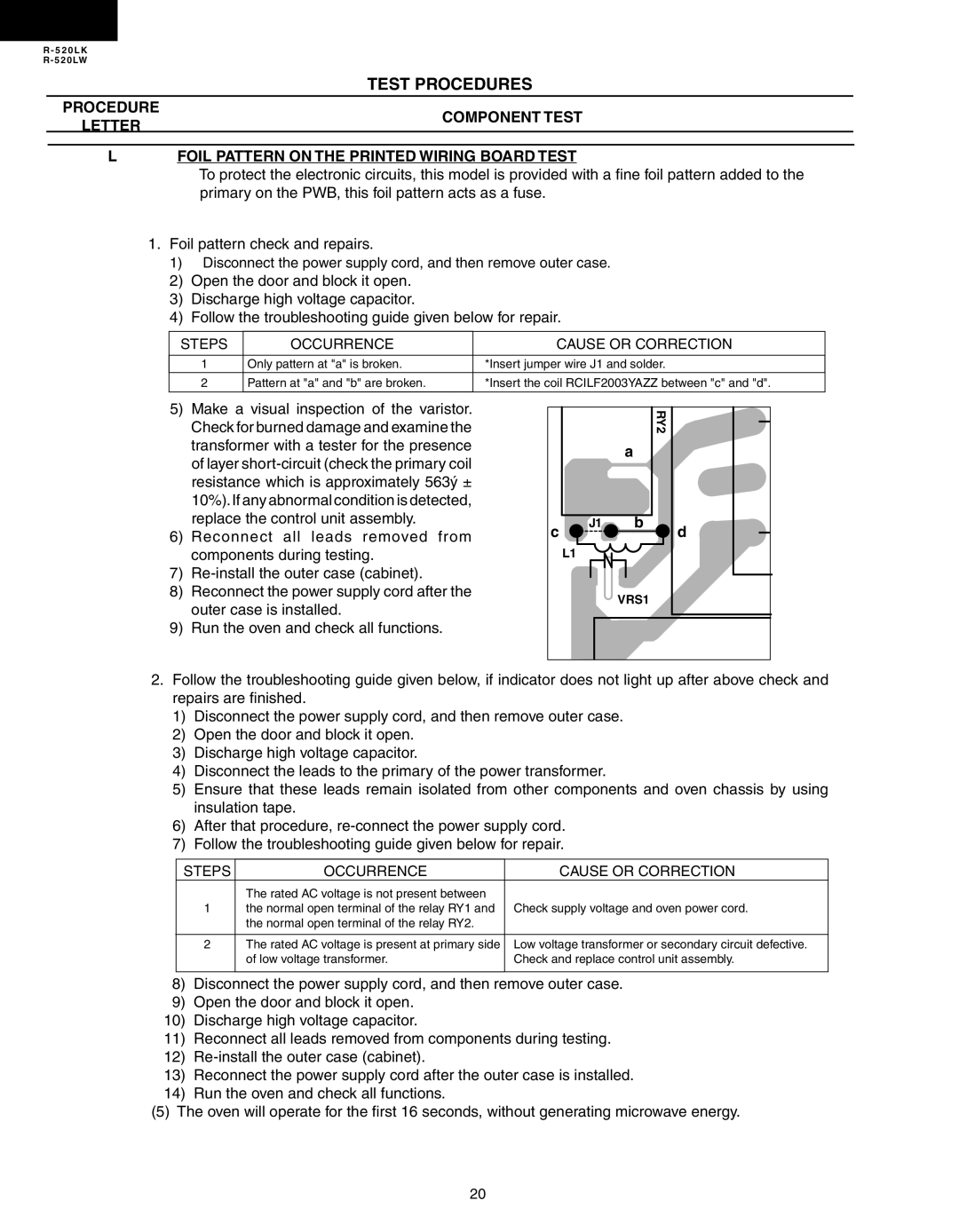 Sharp R-520LW, R-520LK Primary on the PWB, this foil pattern acts as a fuse, Steps Occurrence Cause or Correction 