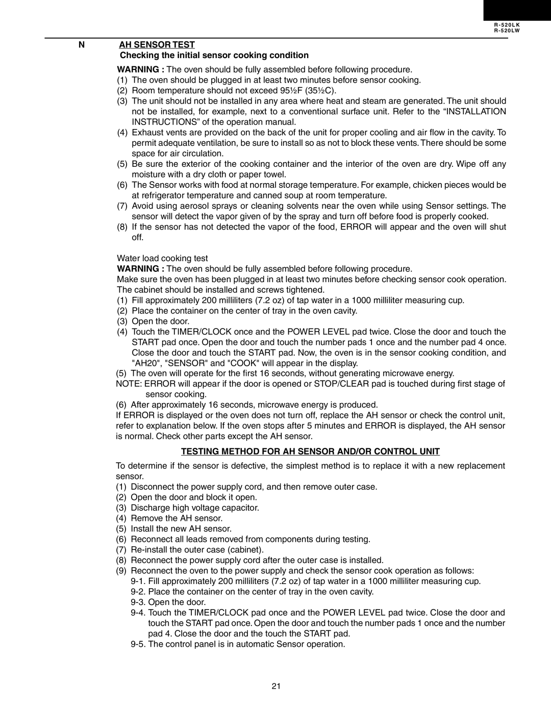 Sharp R-520LK, R-520LW service manual AH Sensor Test, Checking the initial sensor cooking condition 