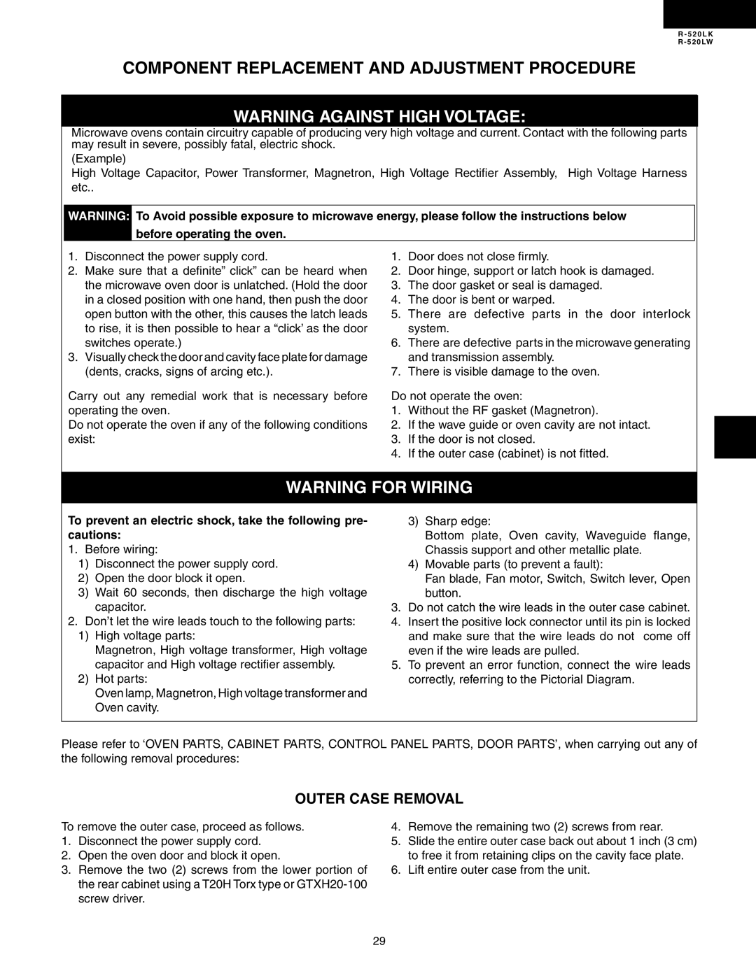 Sharp R-520LK, R-520LW service manual Component Replacement and Adjustment Procedure, Outer Case Removal 