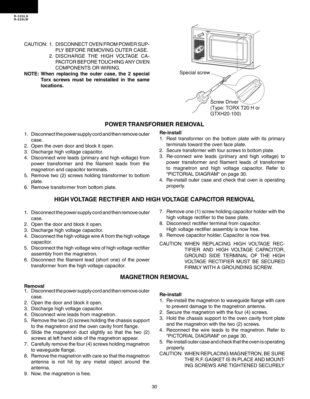 Sharp R-520LW Power Transformer Removal, High Voltage Rectifier and High Voltage Capacitor Removal, Magnetron Removal 