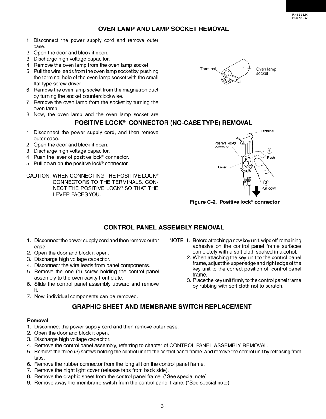 Sharp R-520LK, R-520LW service manual Oven Lamp and Lamp Socket Removal, Positive Lock Connector NO-CASE Type Removal 