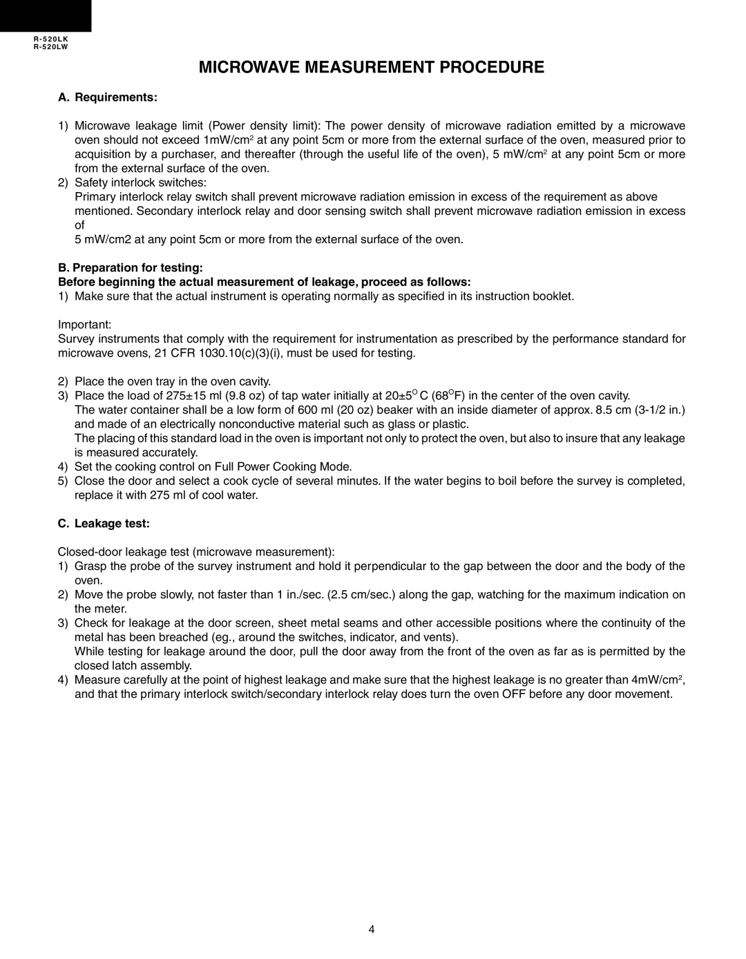 Sharp R-520LW, R-520LK service manual Microwave Measurement Procedure, Requirements, Leakage test 