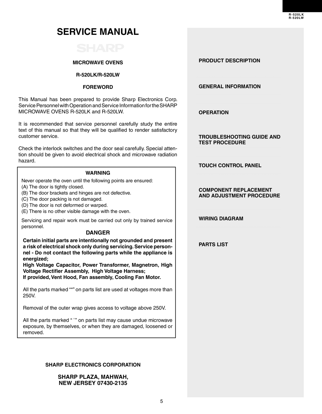 Sharp R-520LK service manual Sharp PLAZA, Mahwah, Microwave Ovens, 520LK/R-520LW, Foreword, Sharp Electronics Corporation 