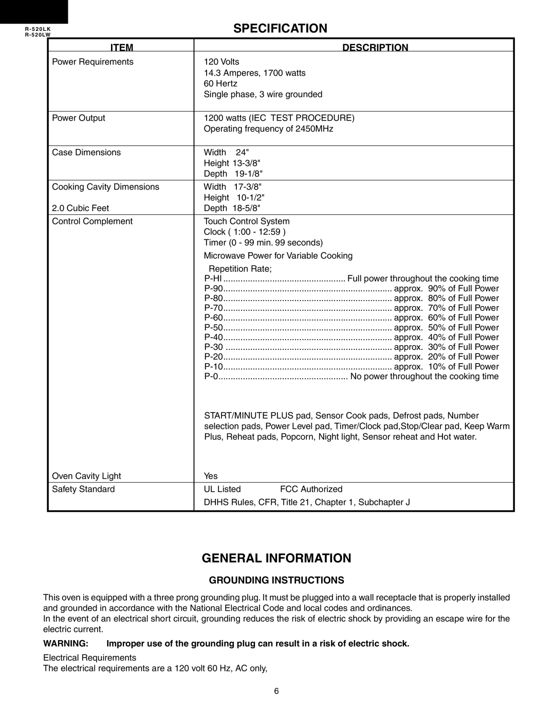 Sharp R-520LW, R-520LK service manual Specification, General Information, Description, Grounding Instructions 