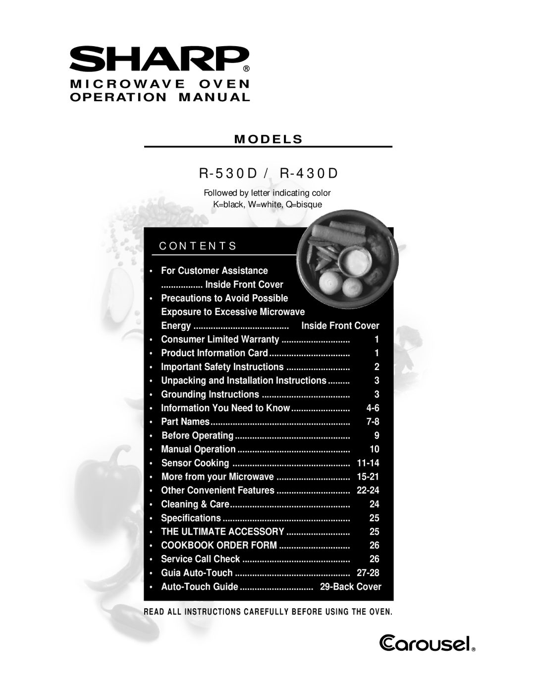 Sharp R-430D, R-530D operation manual N T E N T S, Microwave Oven Models 