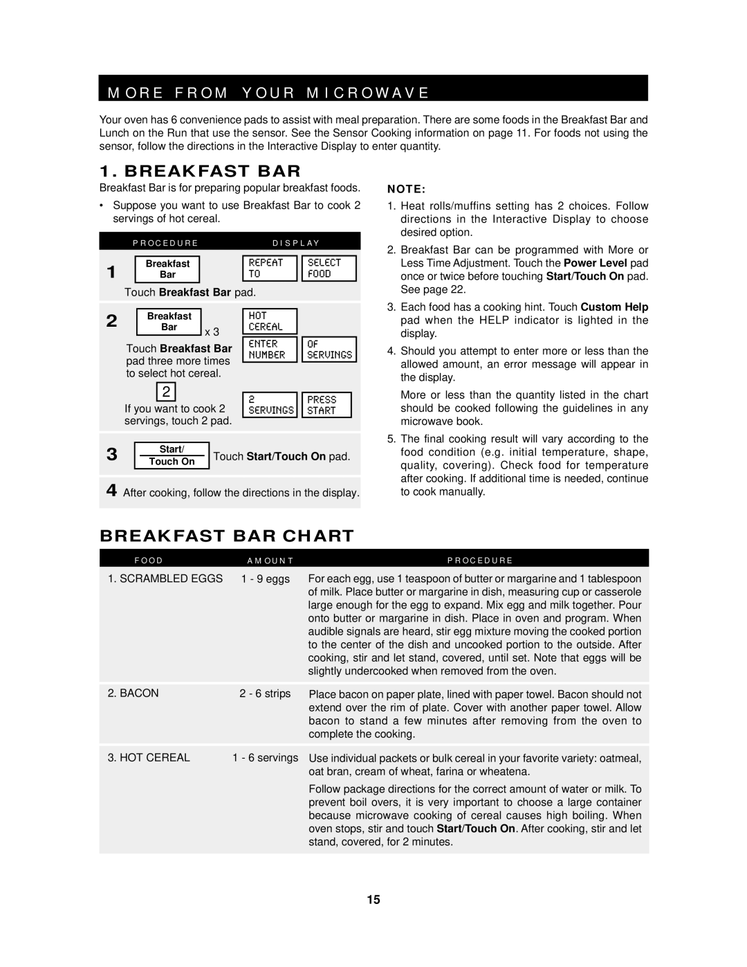 Sharp R-430D, R-530D R E F R O M Y O U R M I C R O W a V E, Breakfast BAR Chart, Touch Breakfast Bar pad 