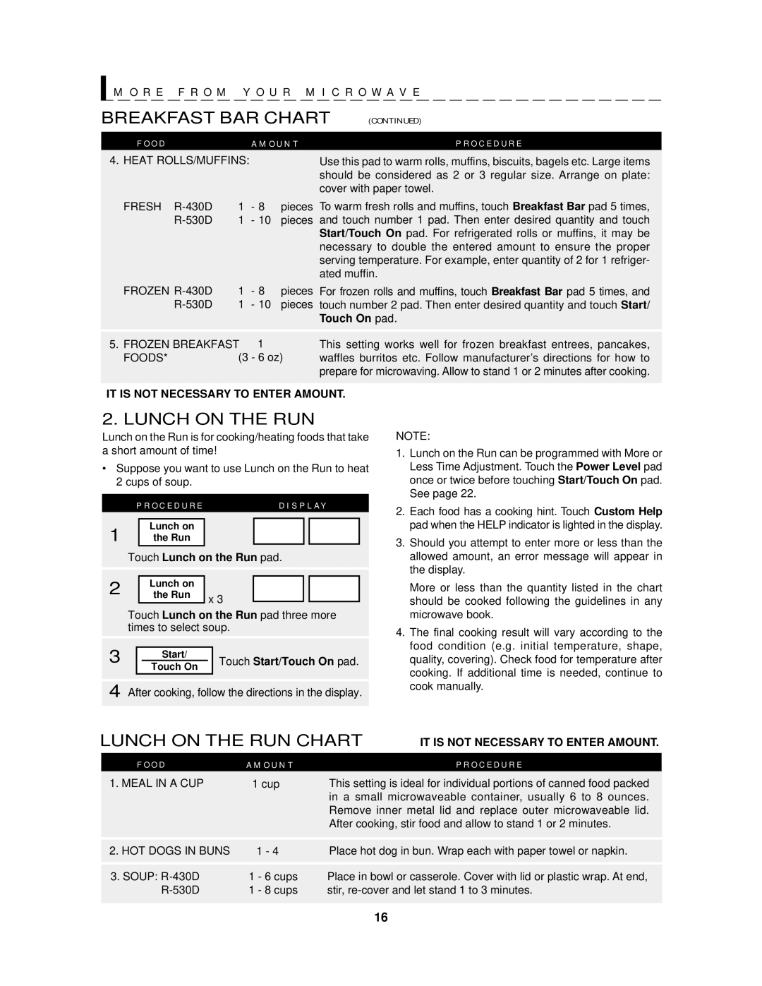 Sharp R-530D, R-430D operation manual R E F R O M Y O U R M I C R O W a V E, Lunch on the RUN, Touch Lunch on the Run pad 