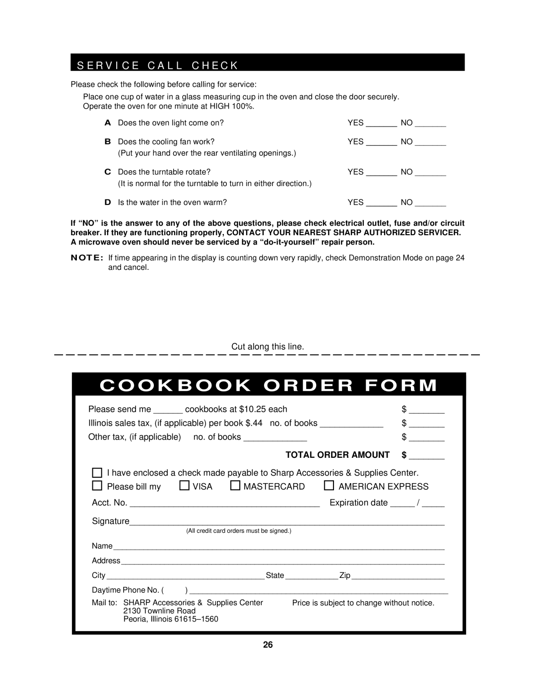 Sharp R-530D, R-430D operation manual R V I C E C a L L C H E C K, Cookbook Order Form 