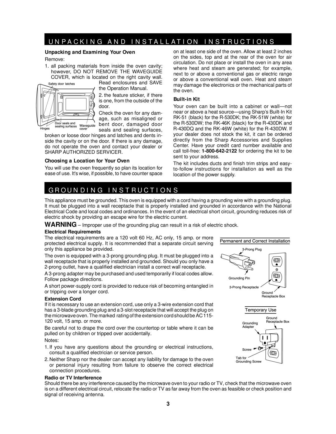 Sharp R-430D O U N D I N G I N S T R U C T I O N S, Sharp Authorized Servicer, Electrical Requirements, Extension Cord 