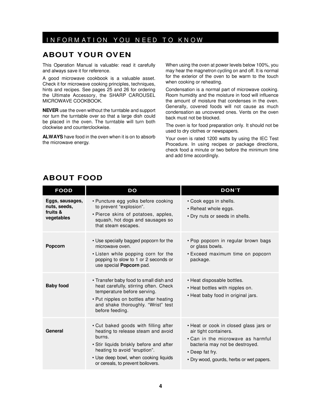 Sharp R-530D, R-430D operation manual About Your Oven, About Food 