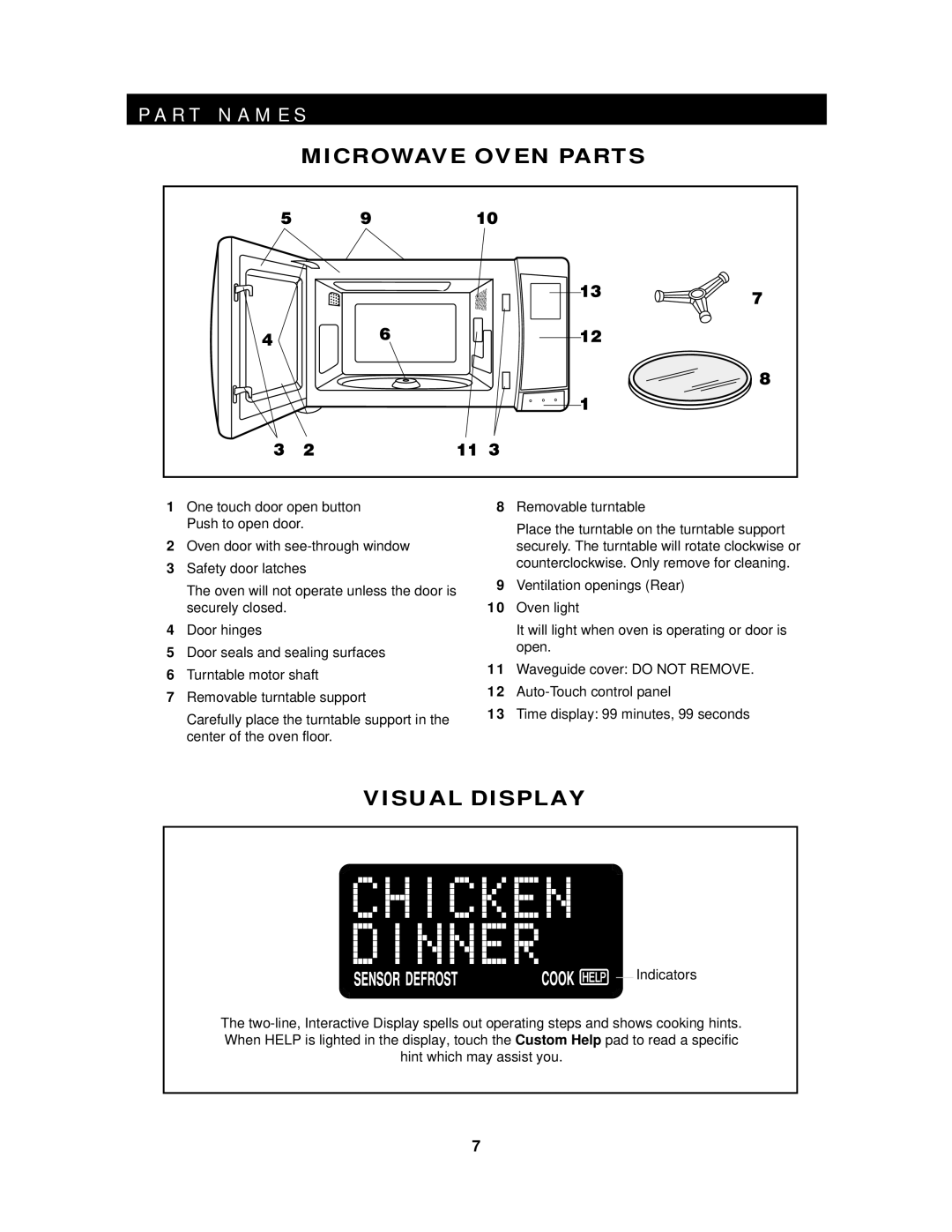 Sharp R-430D, R-530D operation manual R T N a M E S, Microwave Oven Parts, Visual Display 