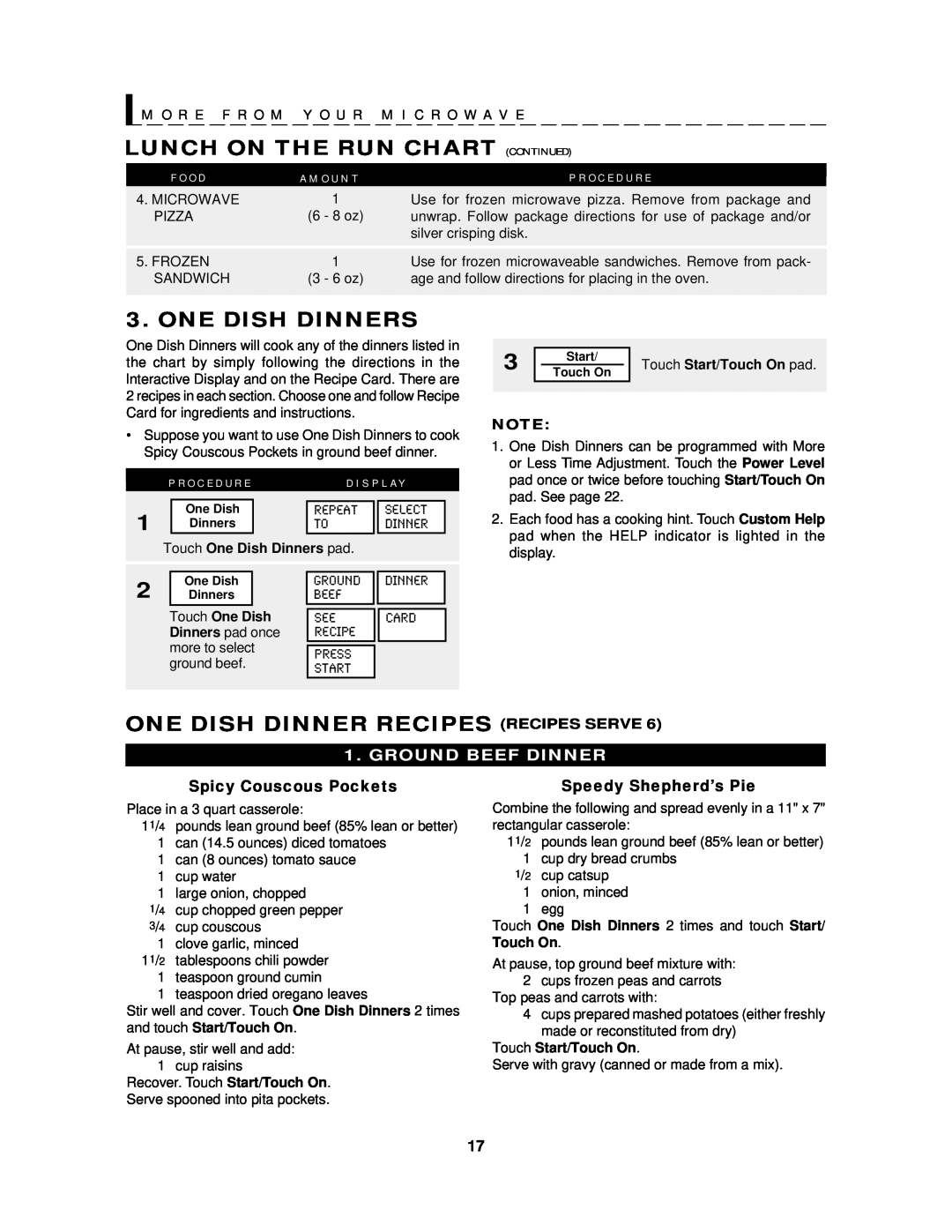 Sharp R-430D Lunch On The Run Chart Continued, One Dish Dinners, One Dish Dinner Recipes Recipes Serve, A M O U N T 