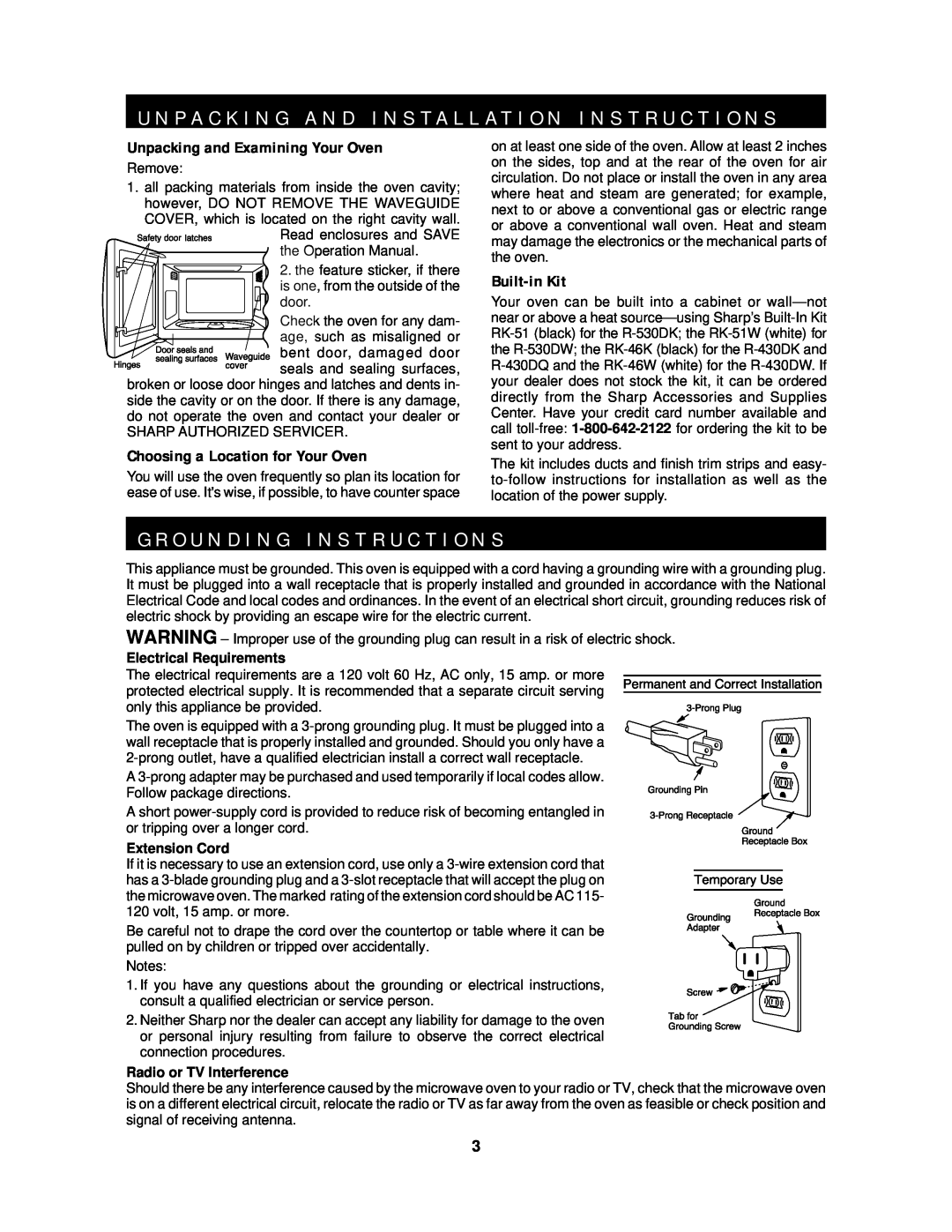 Sharp R-430D G R O U N D I N G I N S T R U C T I O N S, Unpacking and Examining Your Oven, Built-inKit, Extension Cord 