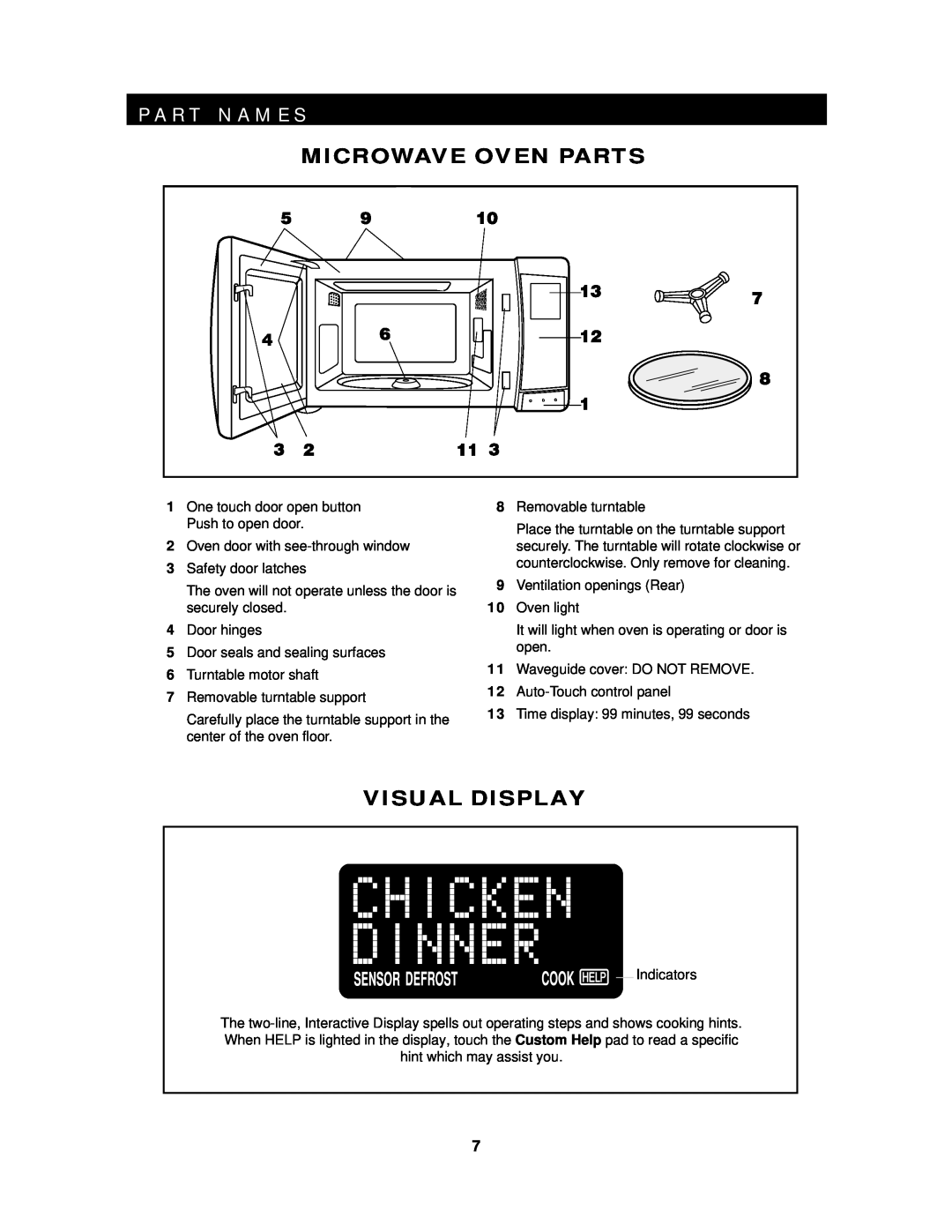 Sharp R-430D, R-530D operation manual P A R T N A M E S, Microwave Oven Parts, Visual Display 
