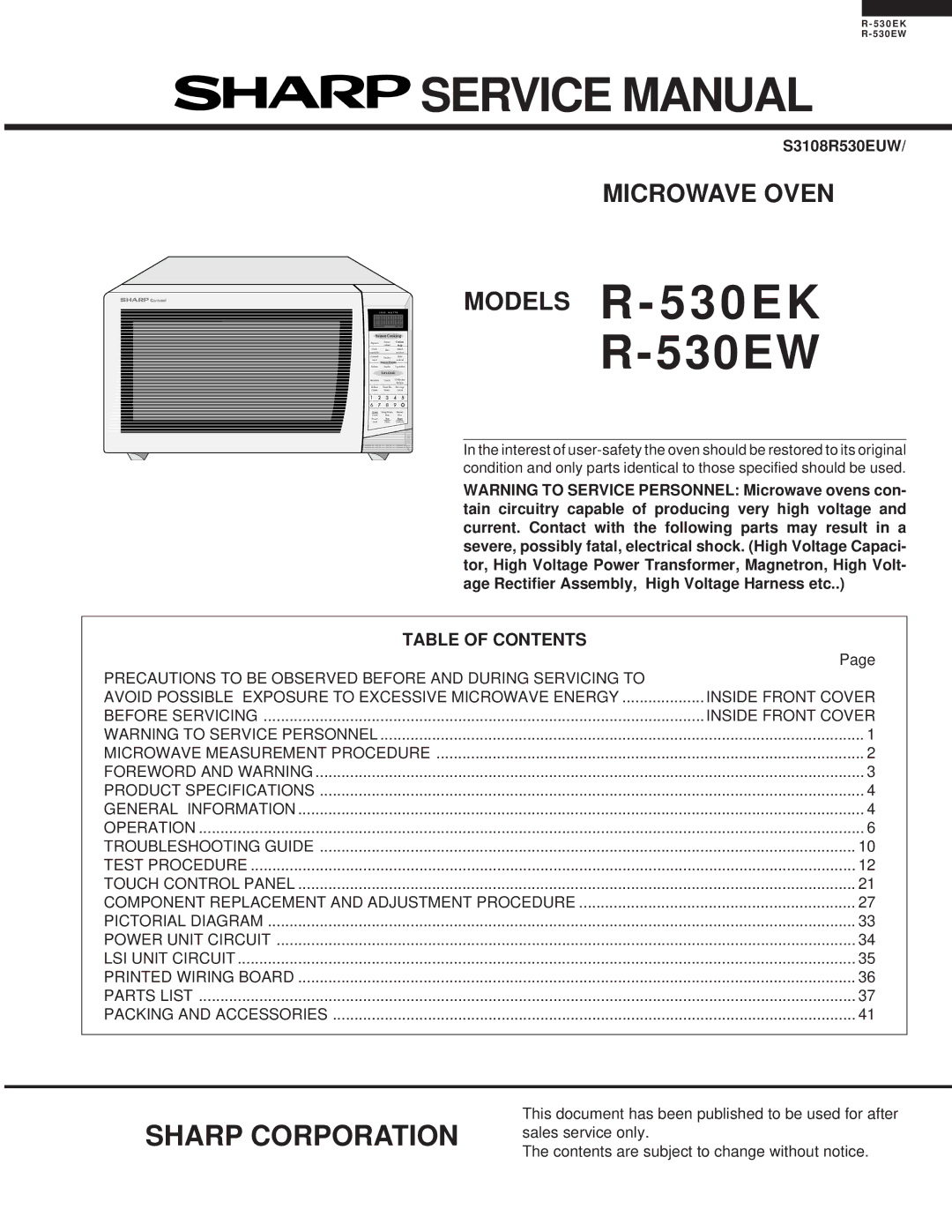 Sharp R-530EK service manual Models R 5 3 0 E K R-530EW, Table of Contents 