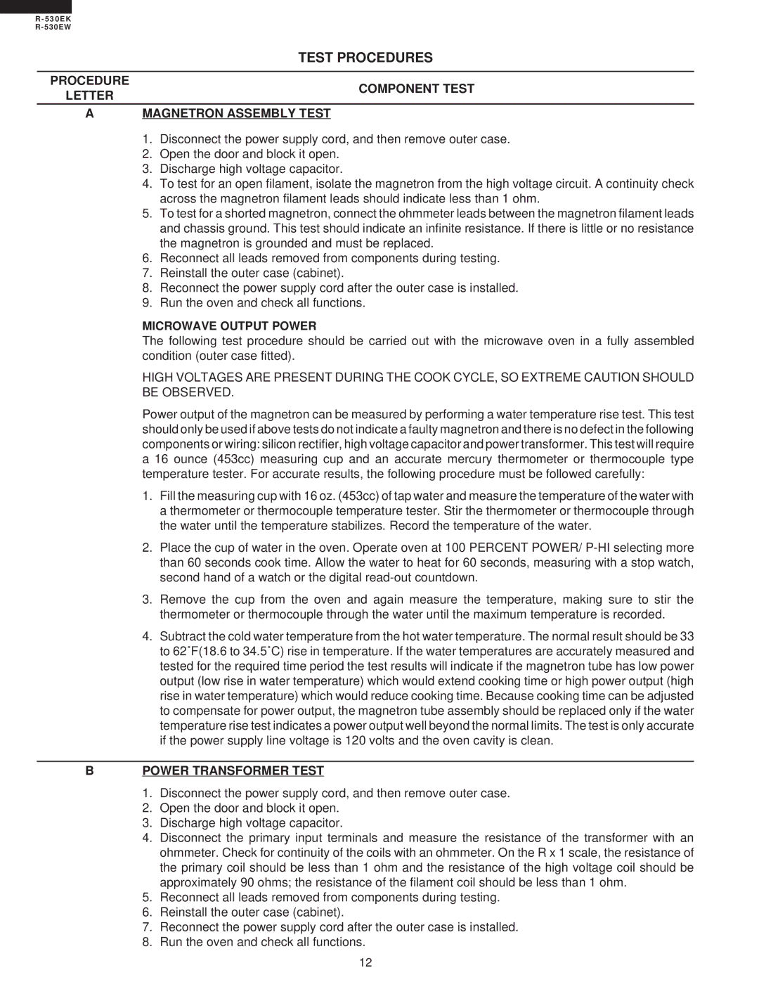 Sharp R-530EK Test Procedures, Procedure Letter Component Test Magnetron Assembly Test, Microwave Output Power 