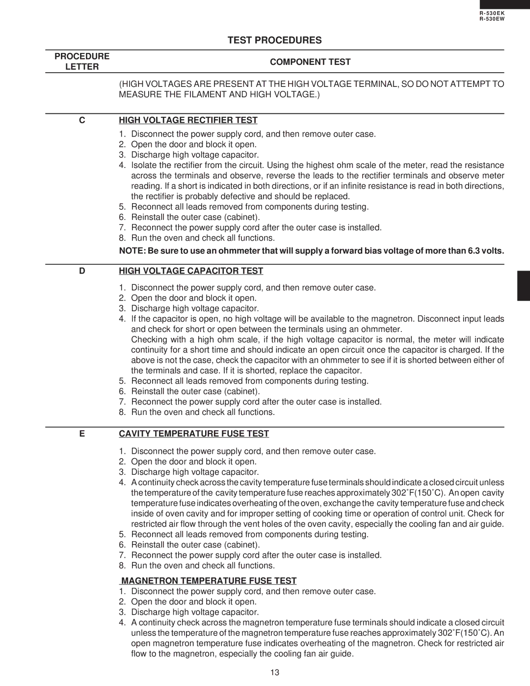 Sharp R-530EK service manual Procedure Letter Component Test, High Voltage Rectifier Test, High Voltage Capacitor Test 