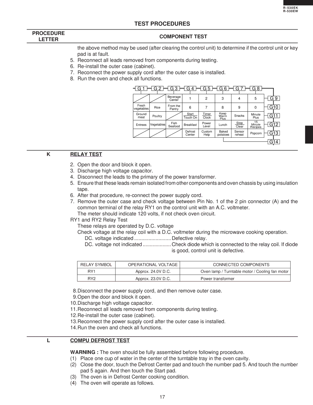 Sharp R-530EK service manual Relay Test, Compu Defrost Test 