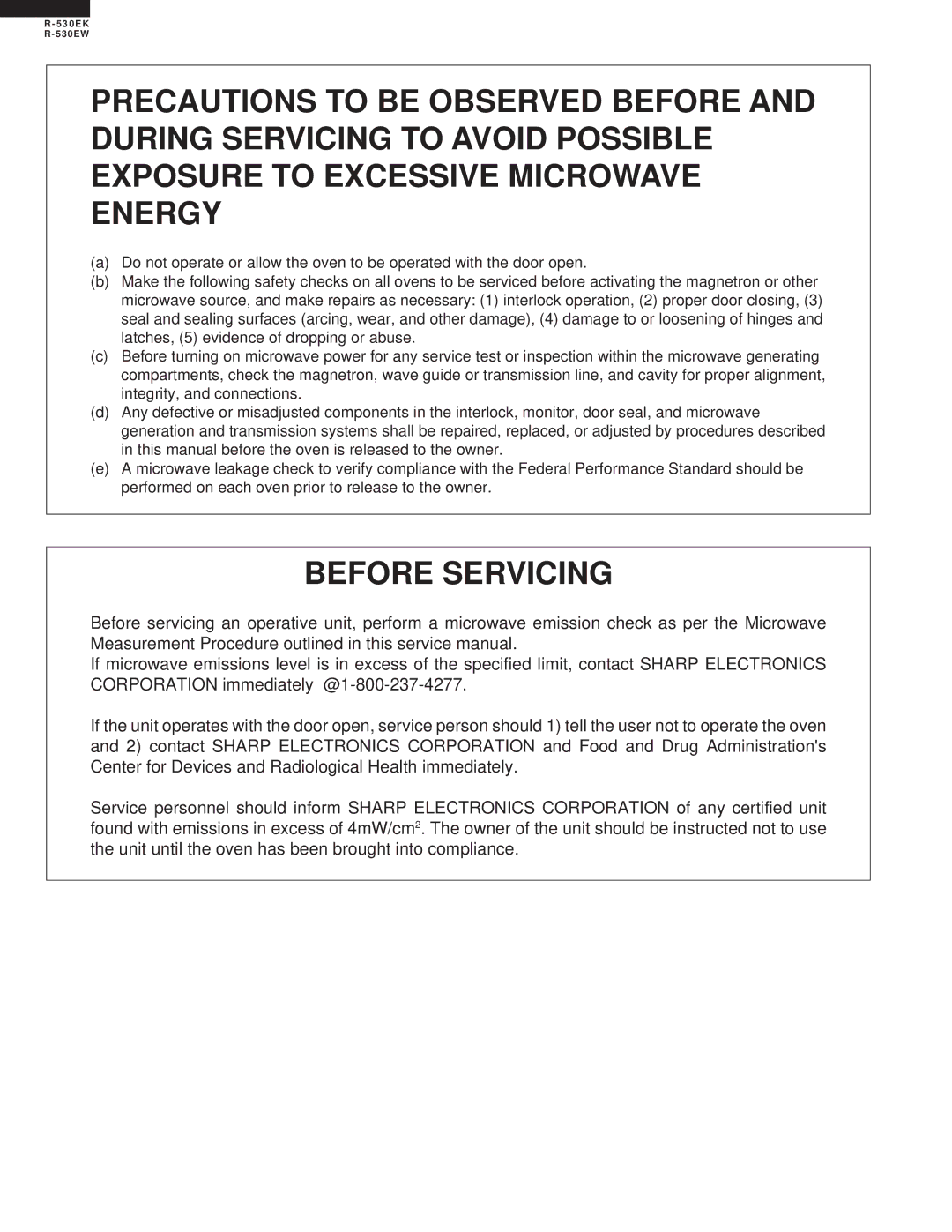 Sharp R-530EK service manual Before Servicing 