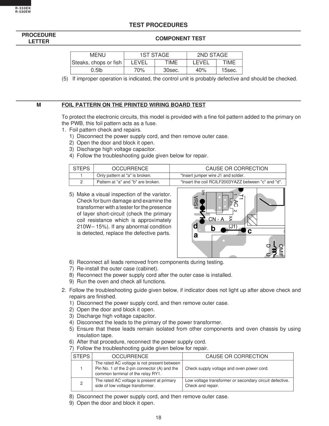 Sharp R-530EK service manual Procedure Component Test Letter, Foil Pattern on the Printed Wiring Board Test 