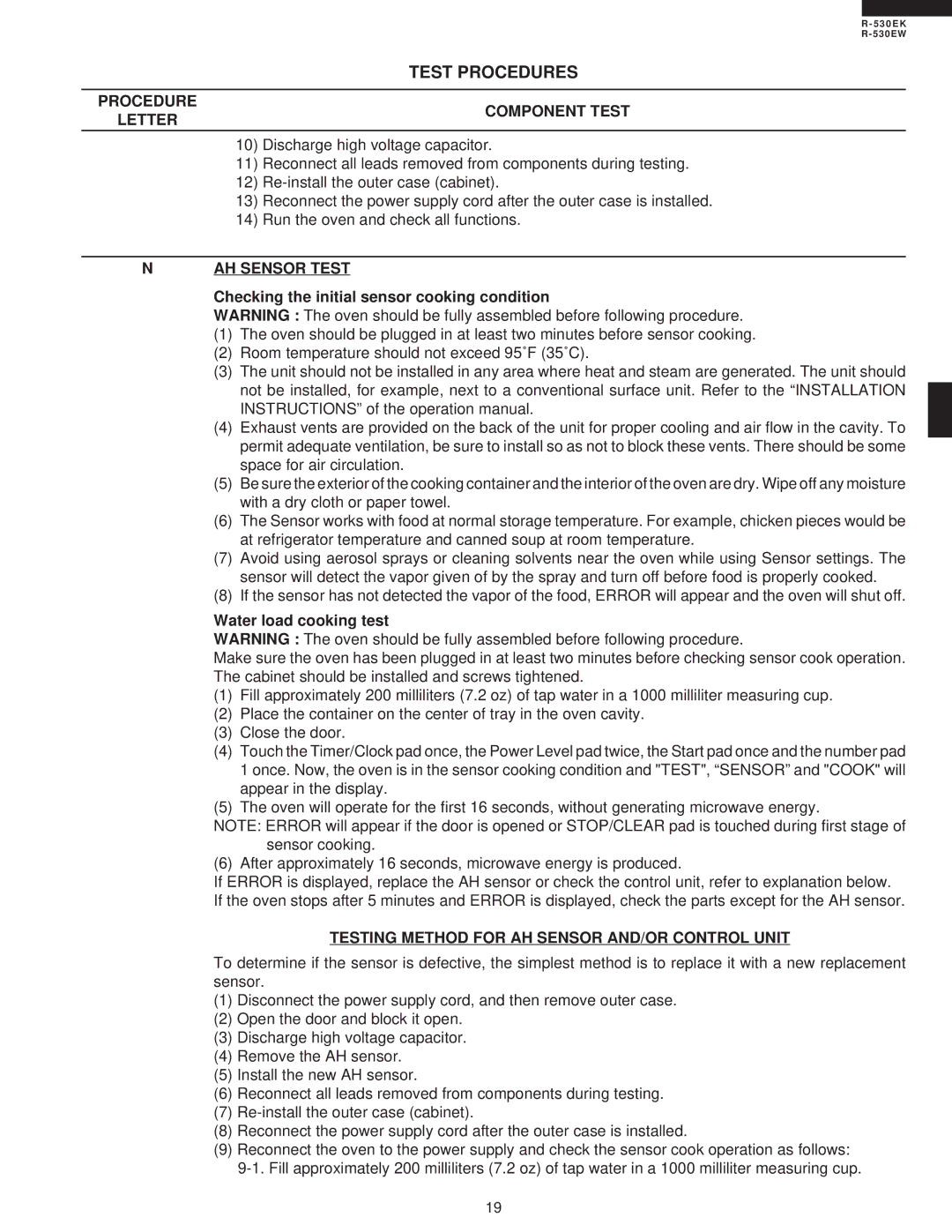 Sharp R-530EK service manual AH Sensor Test, Checking the initial sensor cooking condition, Water load cooking test 