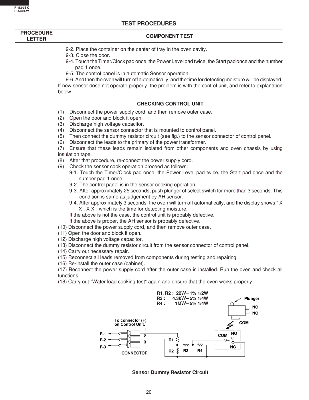 Sharp R-530EK service manual Checking Control Unit, Sensor Dummy Resistor Circuit 